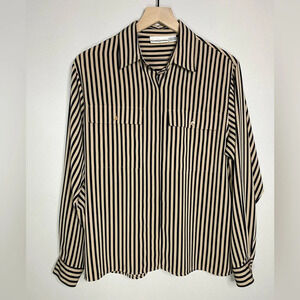 Alfred Dunner Tan Black Striped Button Down Shirt Long Sleeve Pockets Size 12